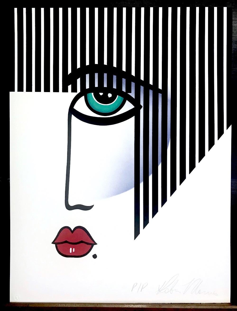 NUEVO DECO Litografía firmada Retrato Art Decó Moderno, Pelo Raya Negra, Labios Rojos - Print de Robin Morris
