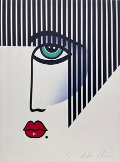 NEW DECO Signed Lithograph Modern Art Deco Portrait, Black Stripe Hair, Red Lips