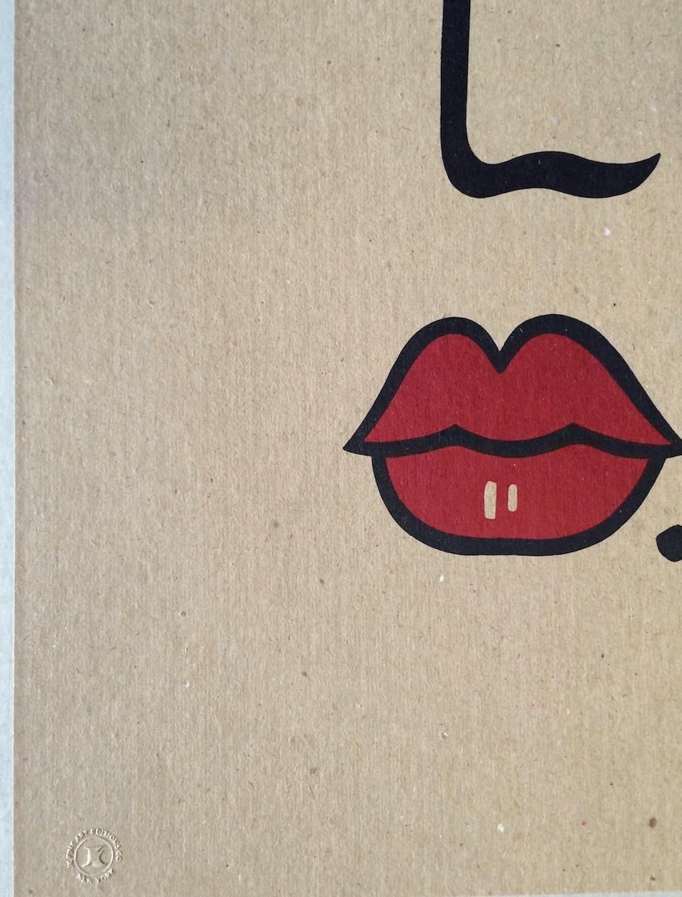 NEW DECO Signed Lithograph, Modern Face Portrait on Brown Paper, Black Stripes - Print by Robin Morris