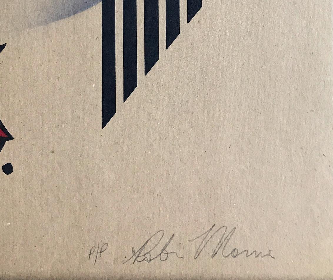 NUEVO DECO Litografía firmada, Retrato de rostro moderno sobre papel marrón, rayas negras - Print Beige de Robin Morris