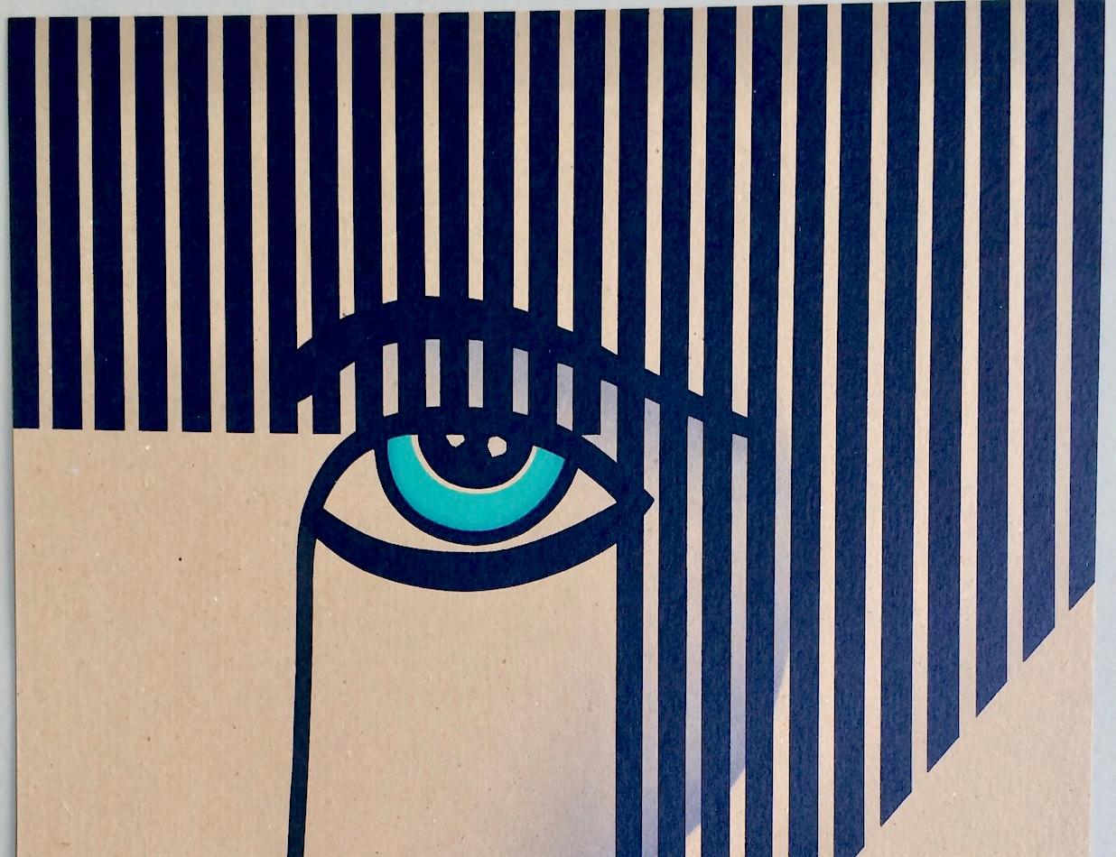 NUEVO DECO Litografía firmada, Retrato de rostro moderno sobre papel marrón, rayas negras en venta 1
