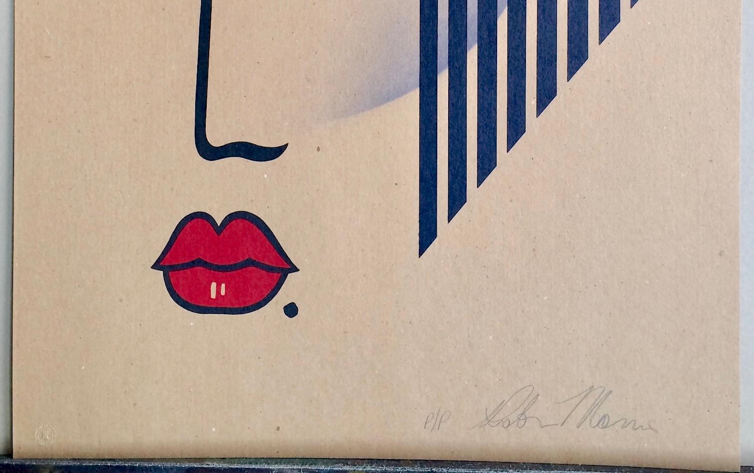 NUEVO DECO Litografía firmada, Retrato de rostro moderno sobre papel marrón, rayas negras en venta 2