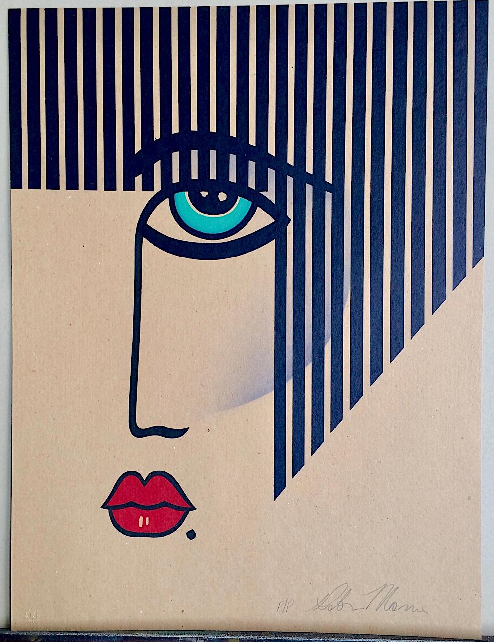 NUEVO DECO Litografía firmada, Retrato de rostro moderno sobre papel marrón, rayas negras en venta 3