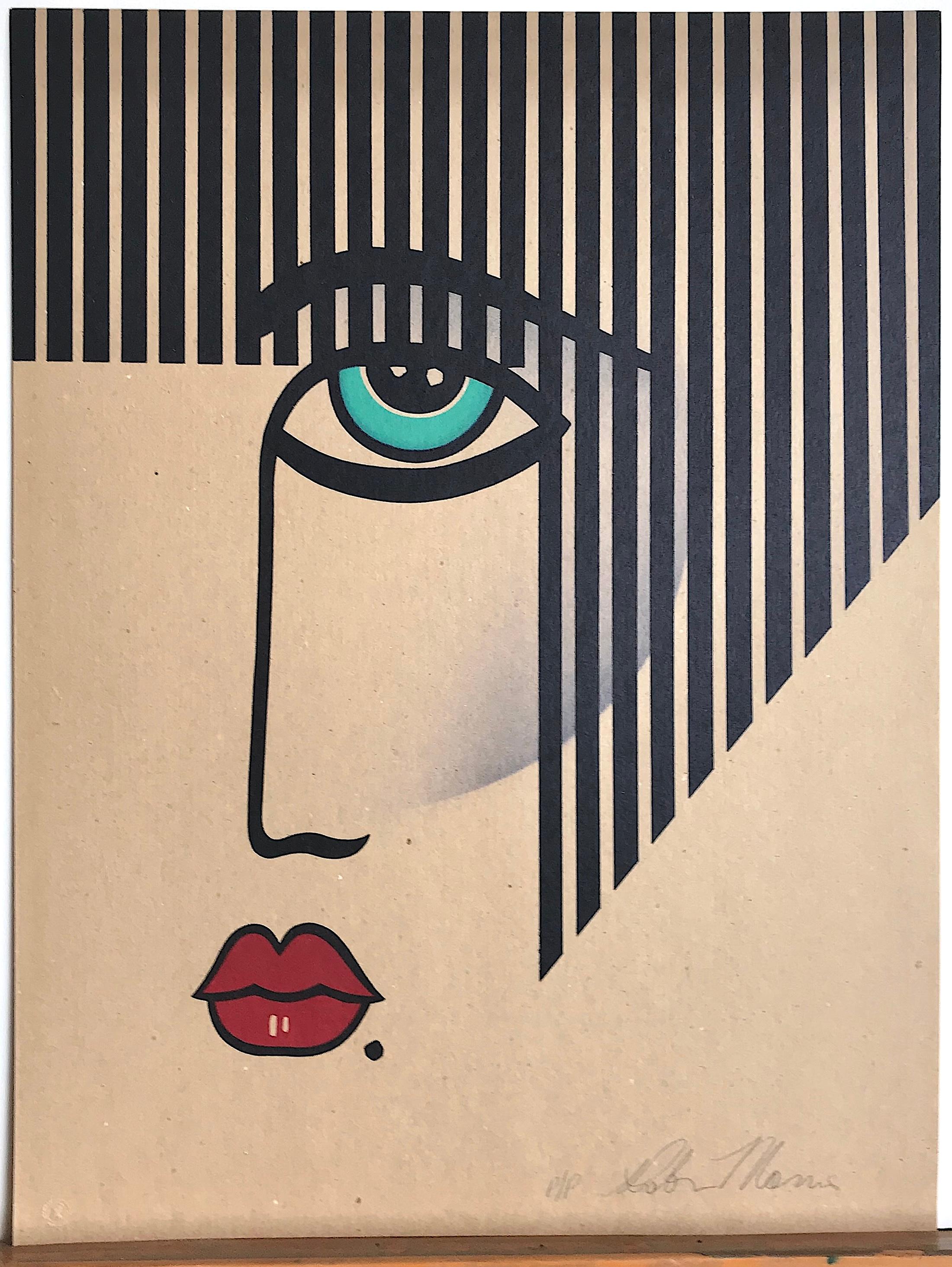 NEW DECO Signed Lithograph, Modern Face Portrait on Brown Paper, Black Stripes For Sale 1