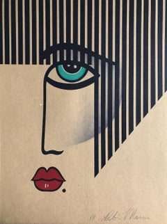 Vintage NEW DECO Signed Lithograph, Modern Face Portrait on Brown Paper, Black Stripes