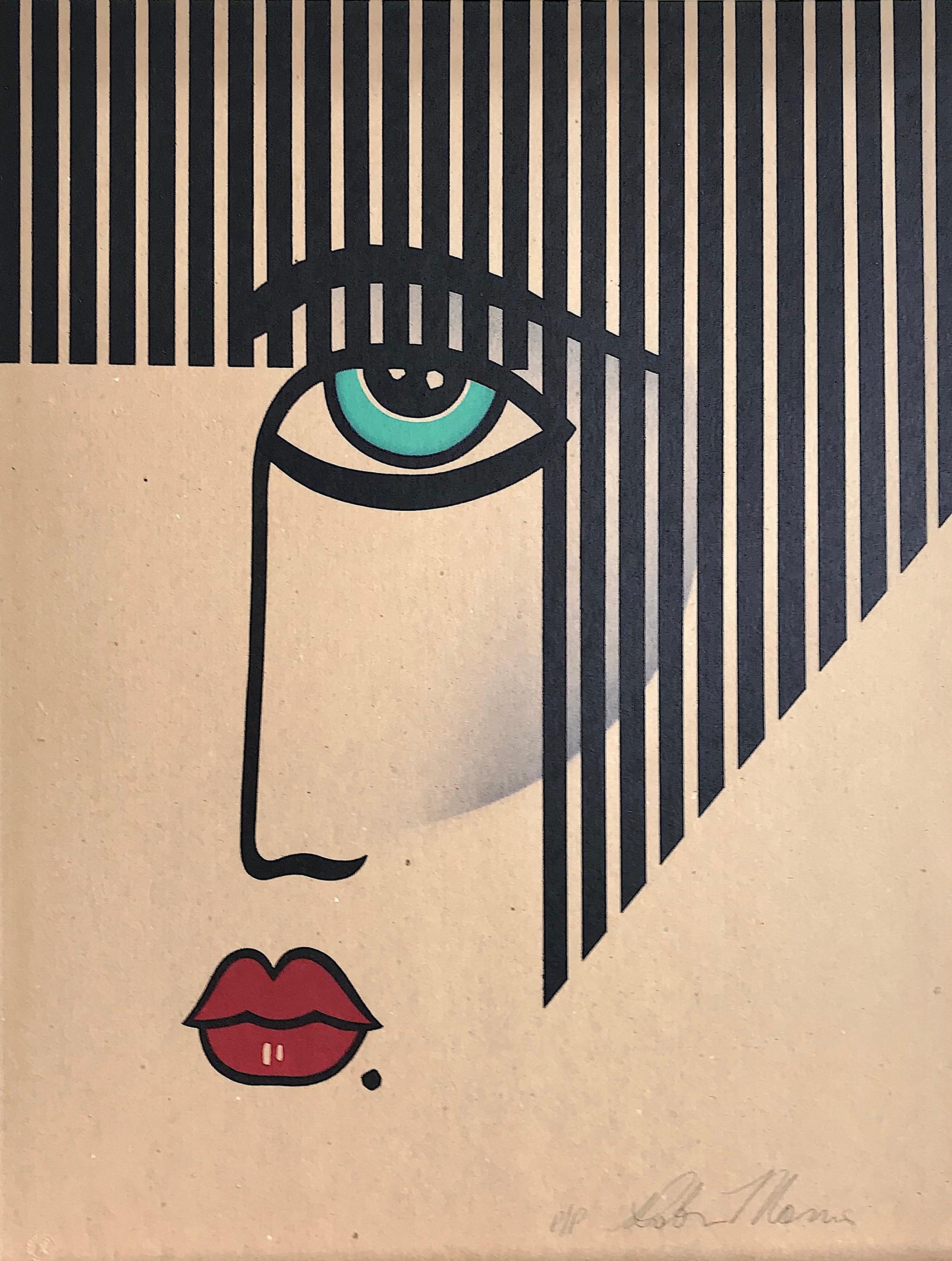 NEW DECO Signed Lithograph, Modern Face Portrait on Brown Paper, Black Stripes