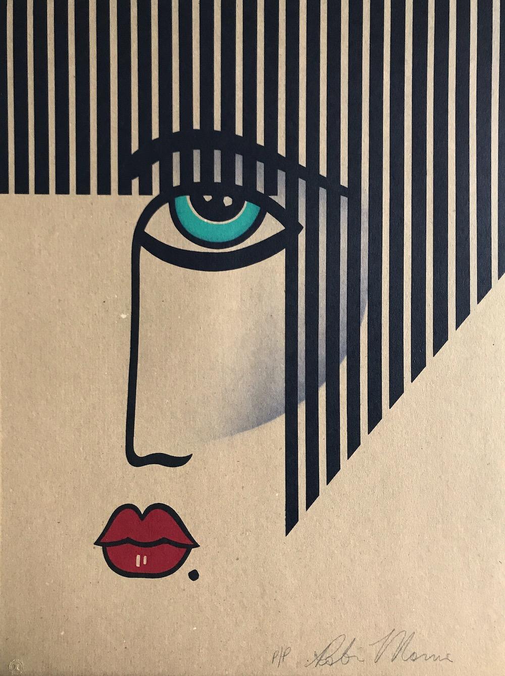 NEW DECO Signed Lithograph, Modern Face Portrait on Brown Paper, Black Stripes
