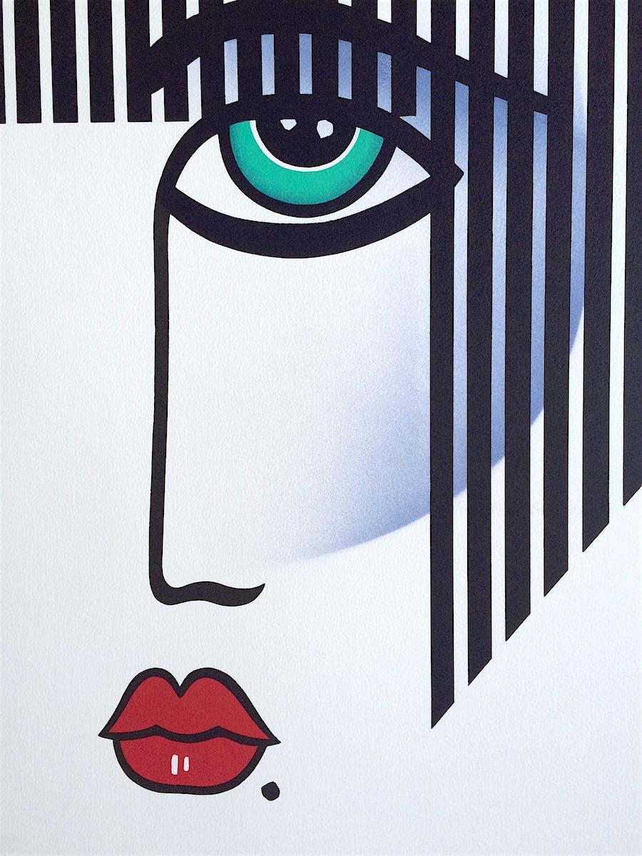 NEW DECO Signed Lithograph Modern Art Deco Portrait, Black Stripe Hair, Red Lips - Print by Robin Morris