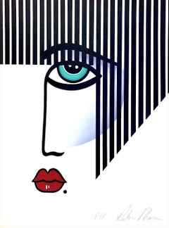 NEW DECO Lithographie signée Modern Art Deco Portrait, Black Stripe Hair, Red Lips