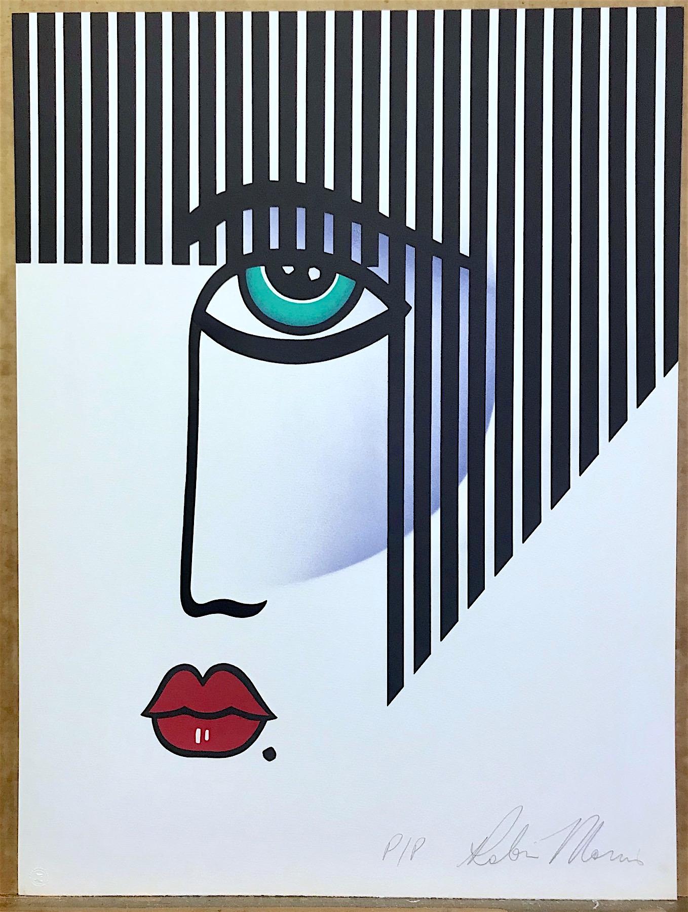 NEW DECO Signed Lithograph, Modern Portrait Bold Stripe Hair, Red Lips, Art Deco 2