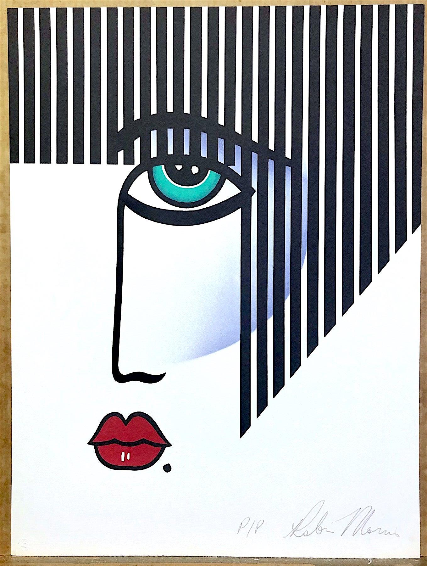 NEW DECO Signed Lithograph, Modern Portrait Bold Stripe Hair, Red Lips, Art Deco 3