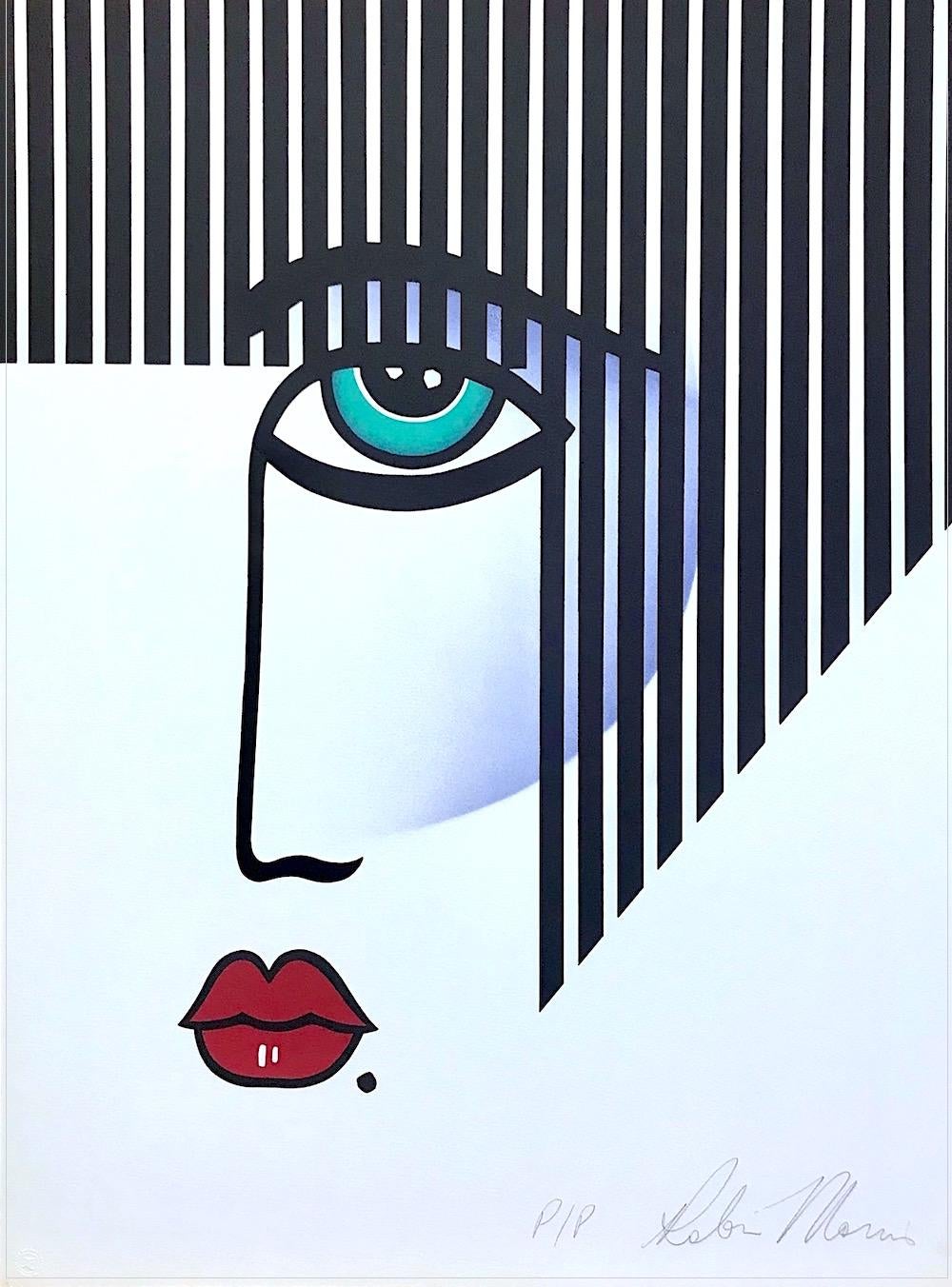 Robin Morris Portrait Print - NEW DECO Signed Lithograph, Modern Portrait Bold Stripe Hair, Red Lips, Art Deco