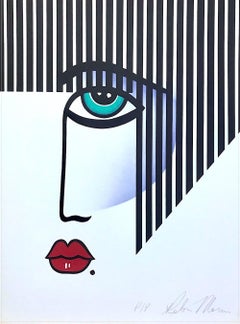 NEW DECO Signed Lithograph, Modern Portrait Bold Stripe Hair, Red Lips, Art Deco