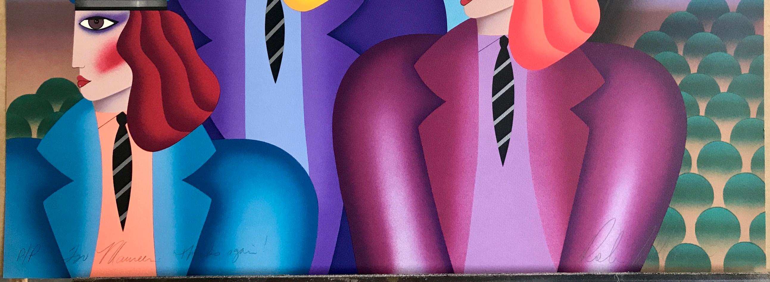 PARIS RAGE by the woman artist Robin Morris, is an original limited edition lithograph printed using hand lithography techniques on archival Coventry Rag paper, 100% acid free. PARIS RAGE depicts a colorful, fun portrait of three young women in