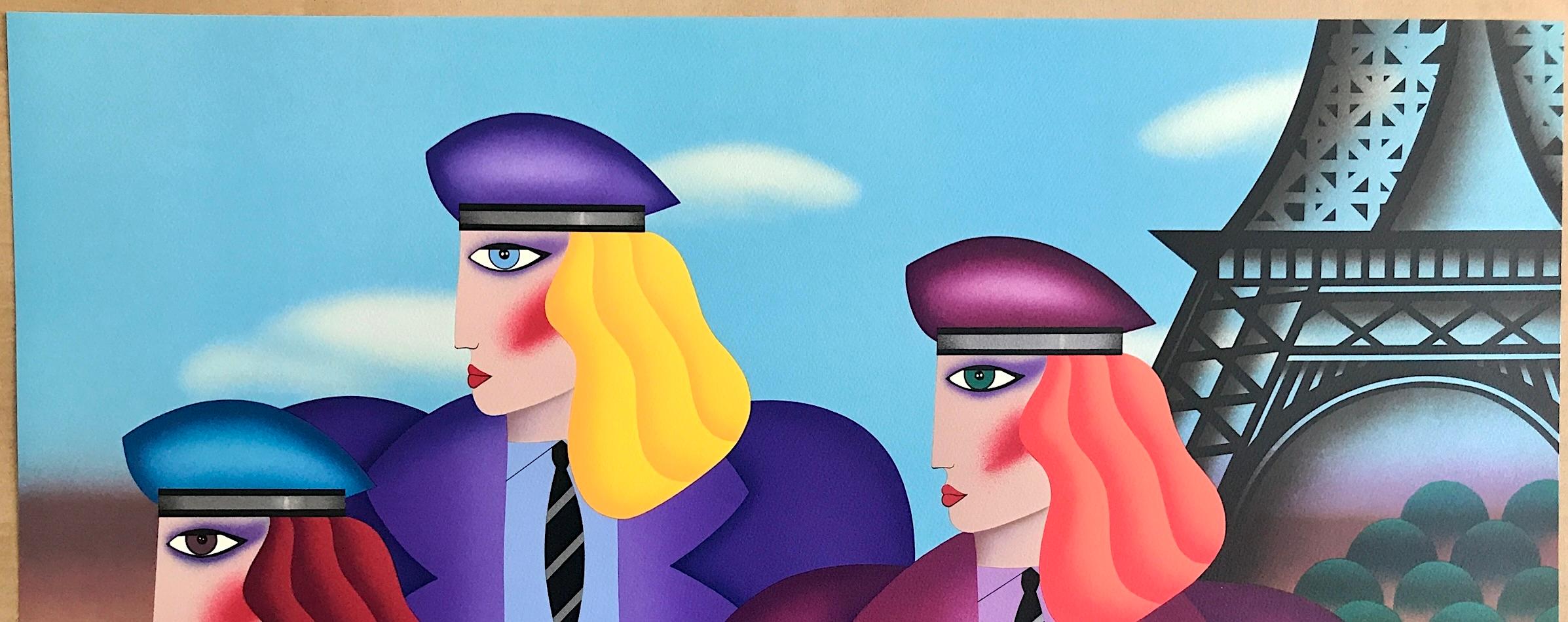 PARIS RAGE Signed Lithograph, Three Women, Color Berets, Neckties, Eiffel Tower - Gray Portrait Print by Robin Morris
