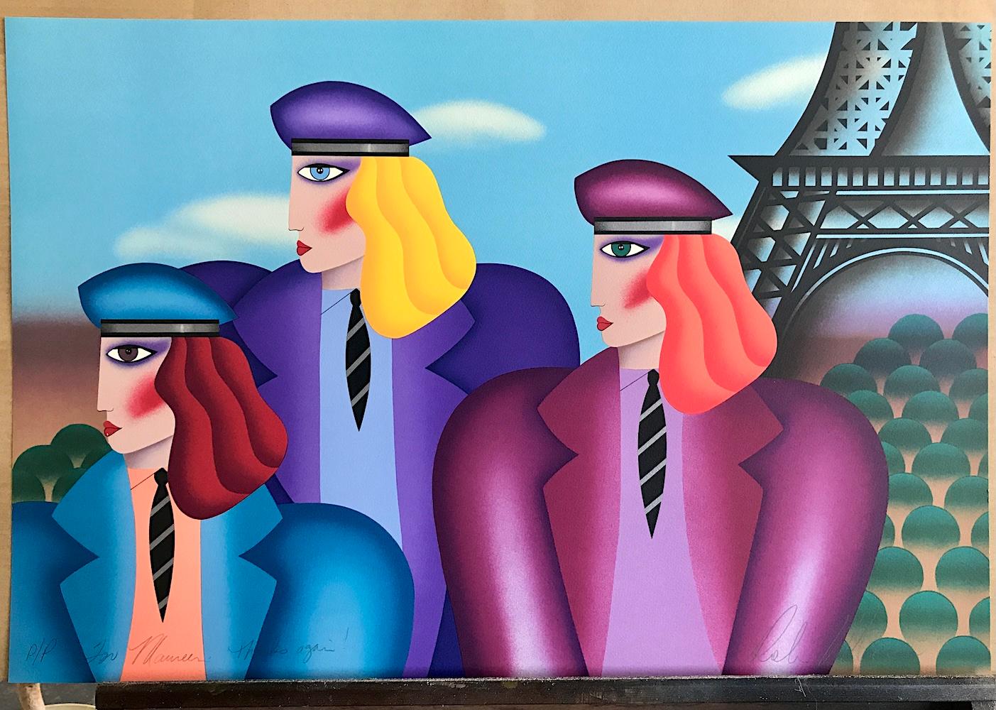 PARIS RAGE Signed Lithograph, Three Women, Color Berets, Neckties, Eiffel Tower For Sale 1