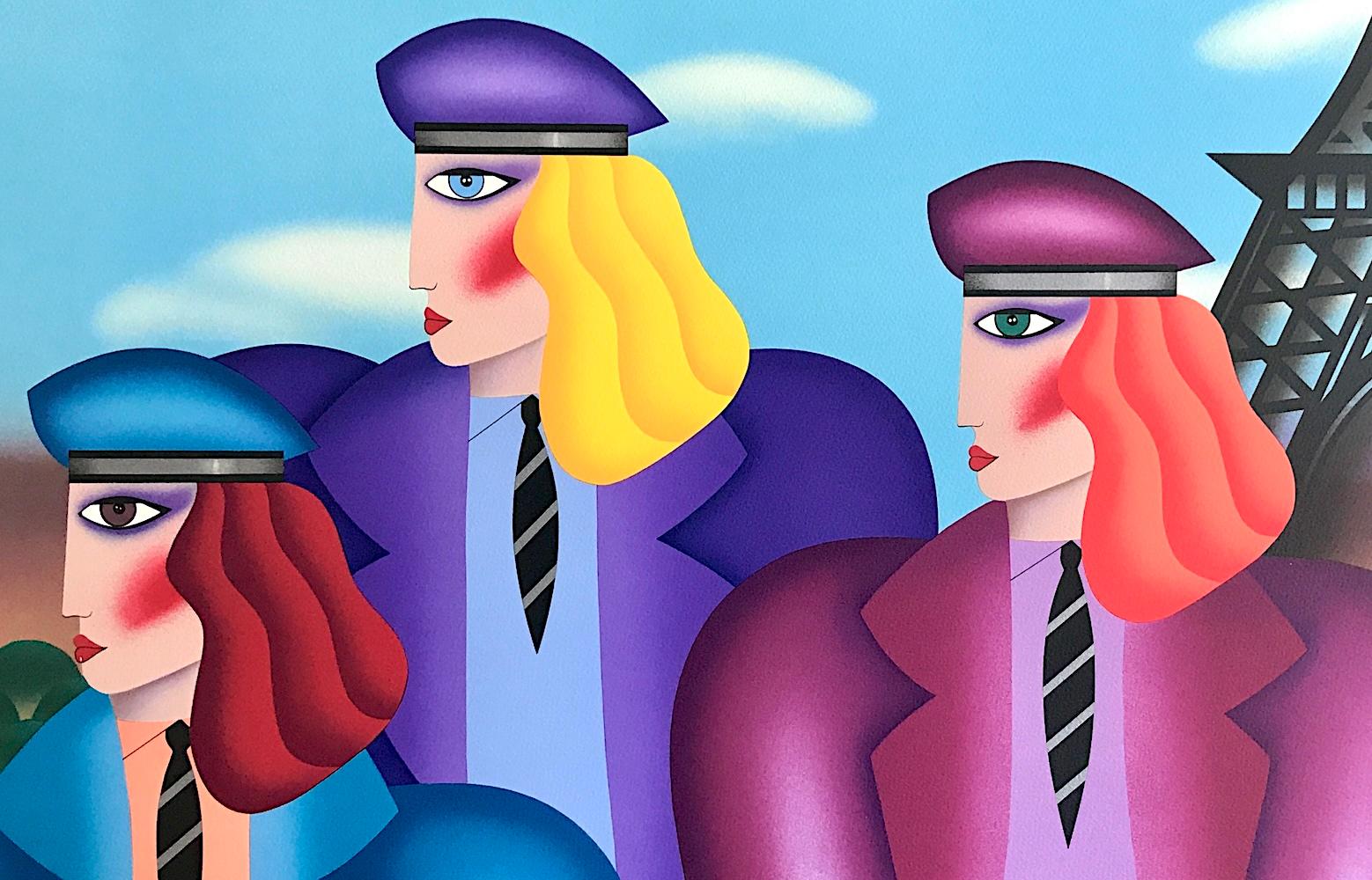 PARIS RAGE Signed Lithograph, Three Women, Color Berets, Neckties, Eiffel Tower For Sale 2