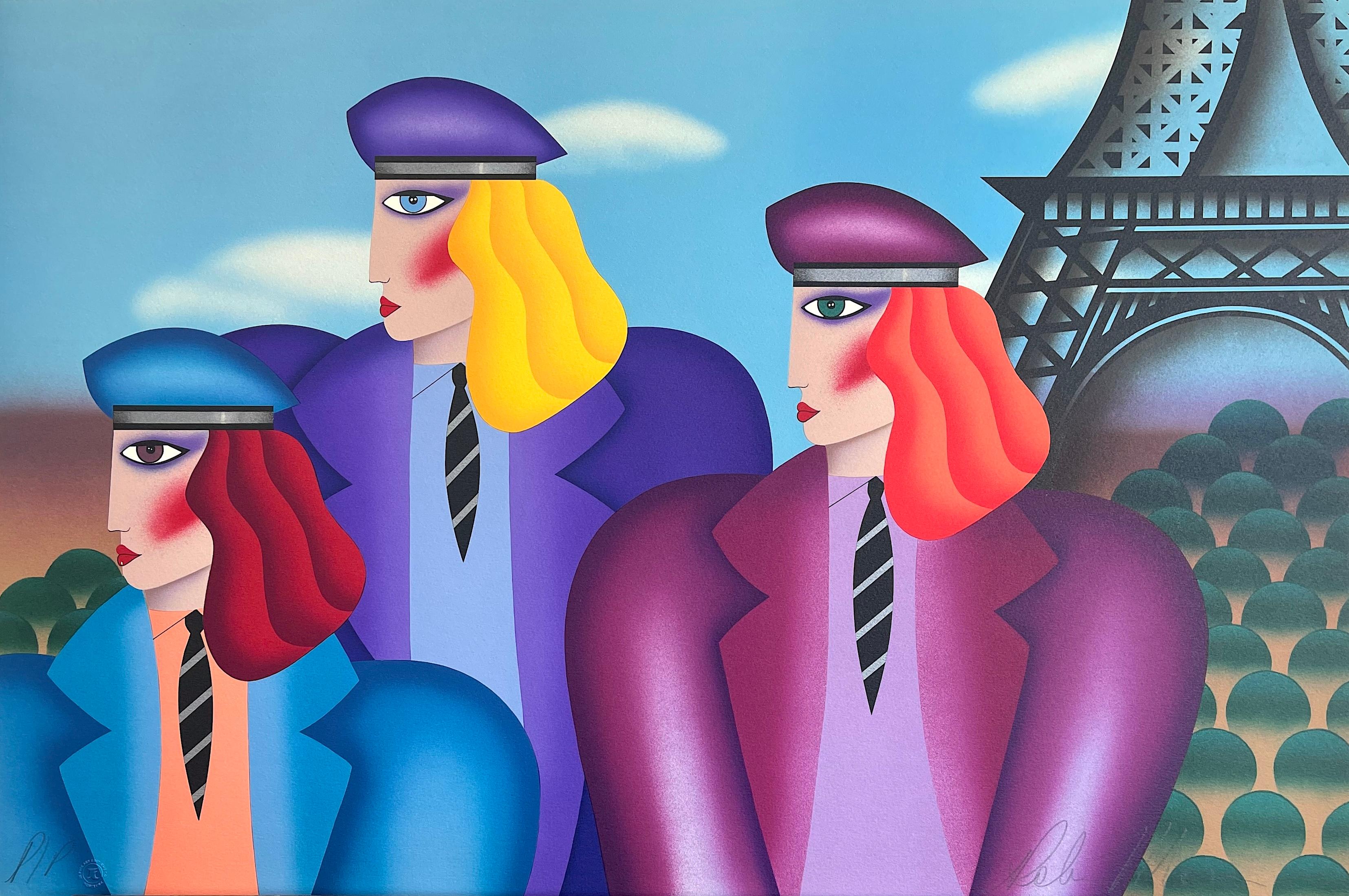 PARIS RAGE Signed Lithograph, Three Women, Color Berets, Neckties, Eiffel Tower