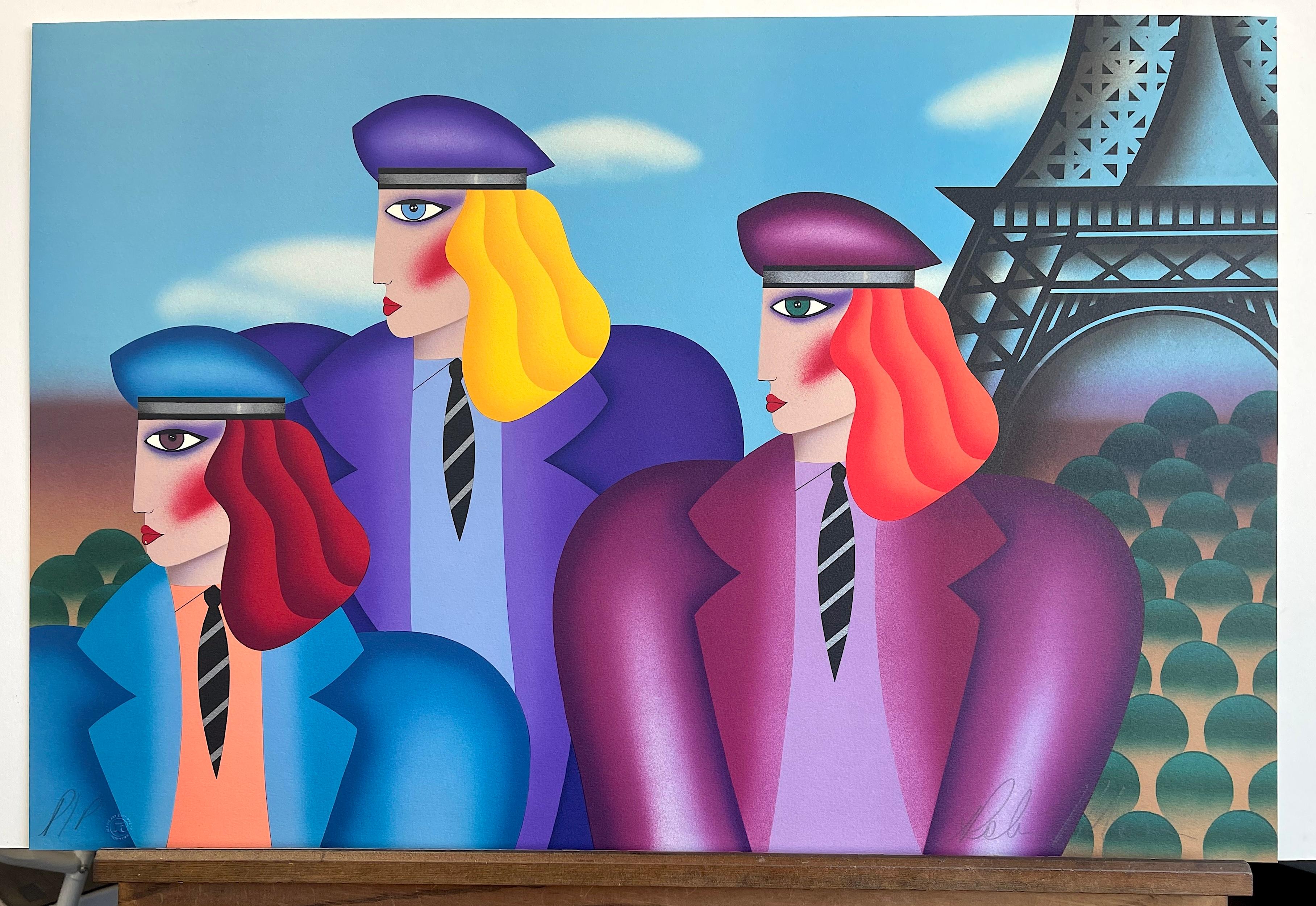 Lithographie signée PARIS RAGE, trois femmes, bérets de couleur, cravates, tour Eiffel en vente 3