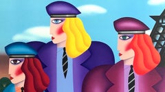 PARIS RAGE Litografia firmata, tre donne, berretti colorati, cravatte, Torre Eiffel