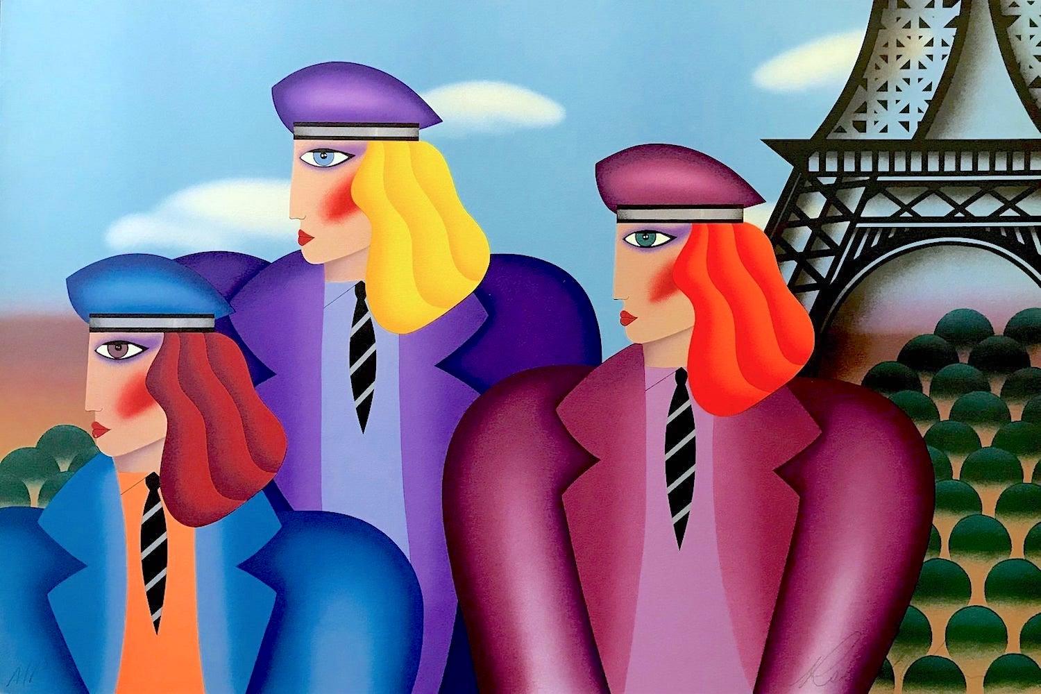 PARIS RAGE Signed Lithograph, Three Women, Color Berets, Neckties, Eiffel Tower 