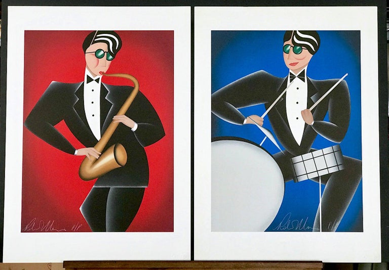 RED HOT/COOL BLUE, Set 2 Signed Lithographs, Jazz Portraits, Saxophone, Drums  For Sale 4