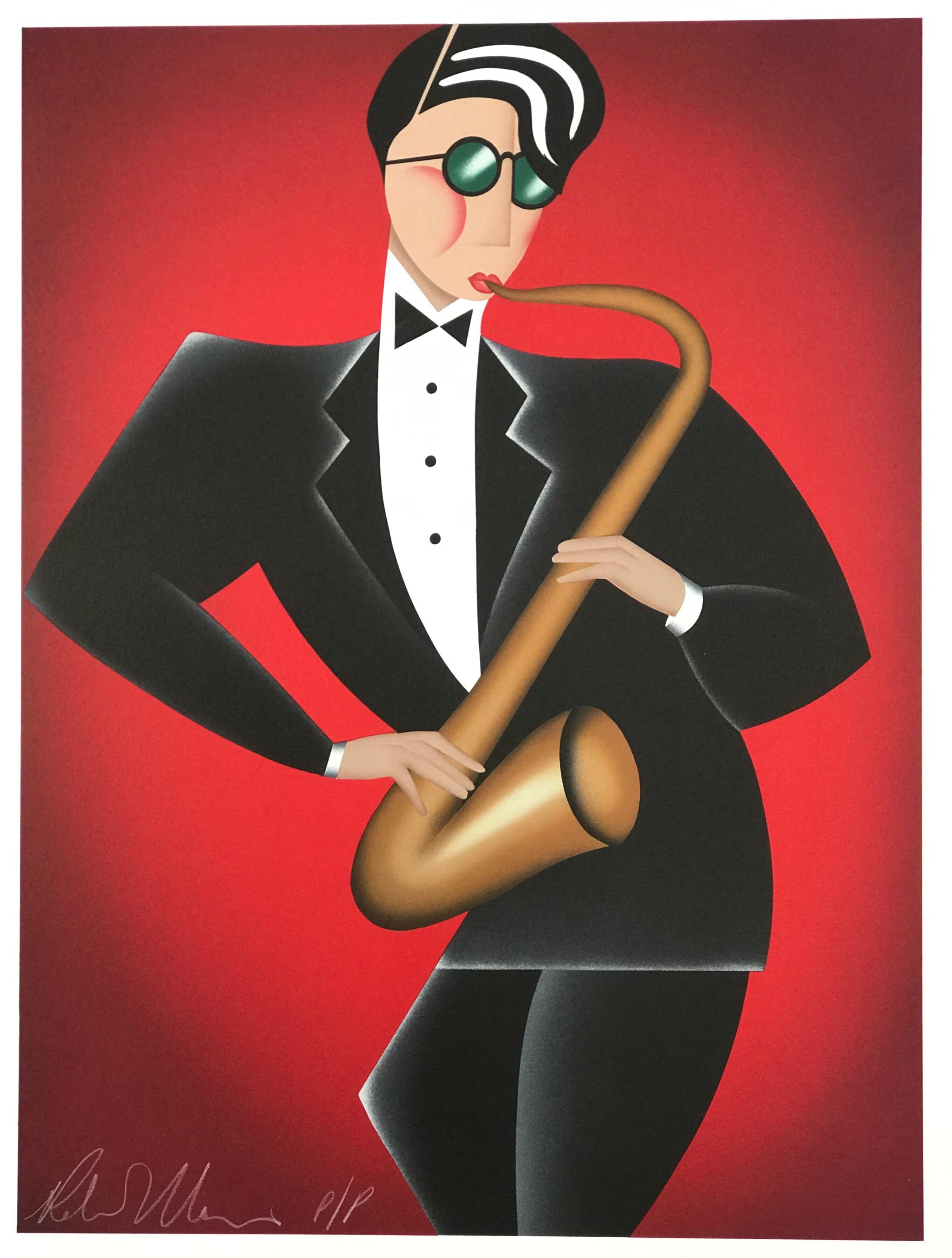 RED HOT, COOL BLUE Set 2 Litografías Firmadas, Retratos de Jazz, Saxofón, Batería - Print de Robin Morris