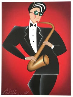 RED HOT, COOL BLUE Set 2 Signed Lithographs, Jazz Portraits, Saxophone, Drums