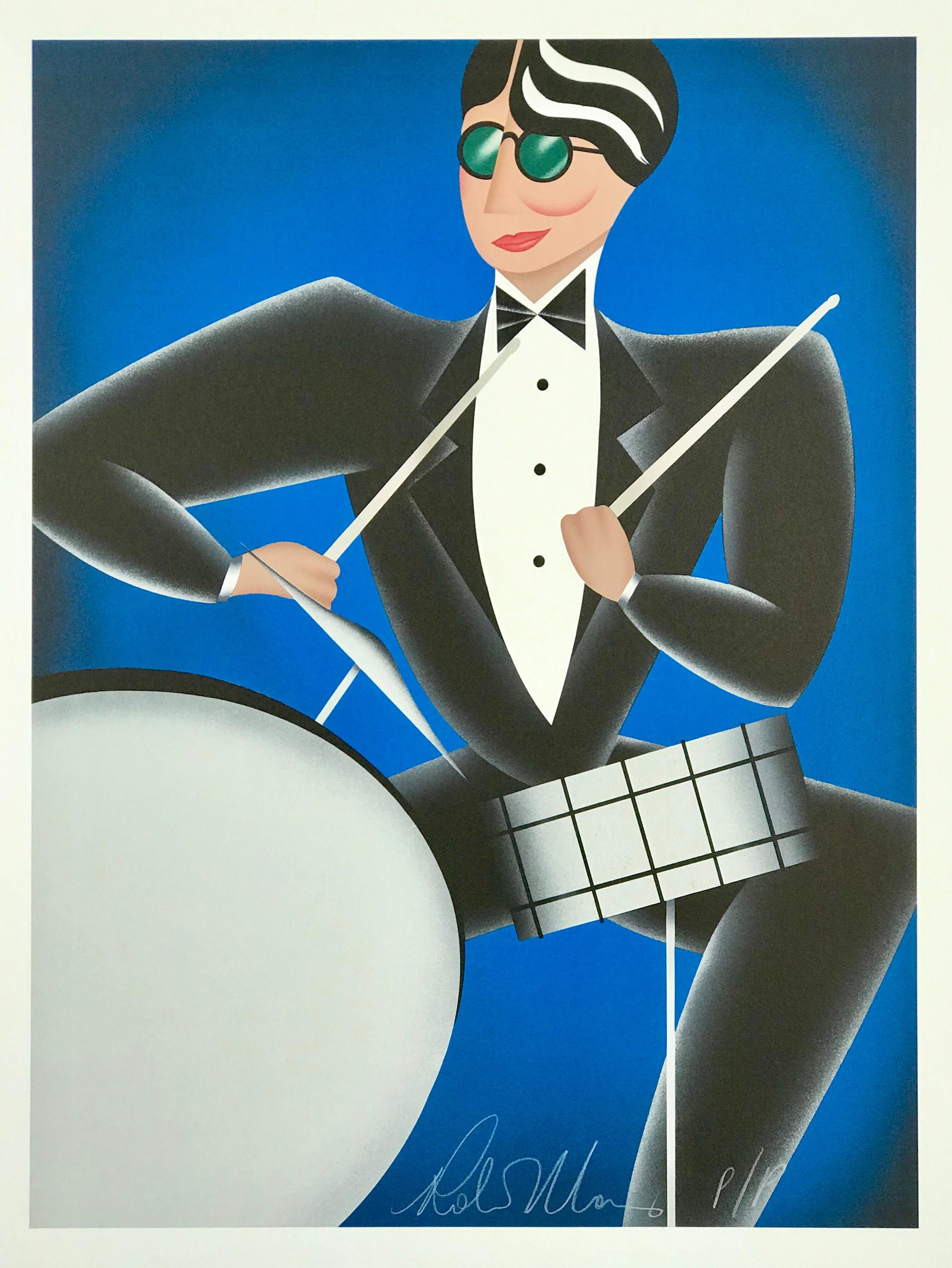 RED HOT, COOL BLUE Set 2 Litografías Firmadas, Retratos de Jazz, Saxofón, Batería - Print Art Decó de Robin Morris