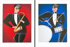 RED HOT, COOL BLUE Set 2 Litografías Firmadas, Retratos de Jazz, Saxofón, Batería