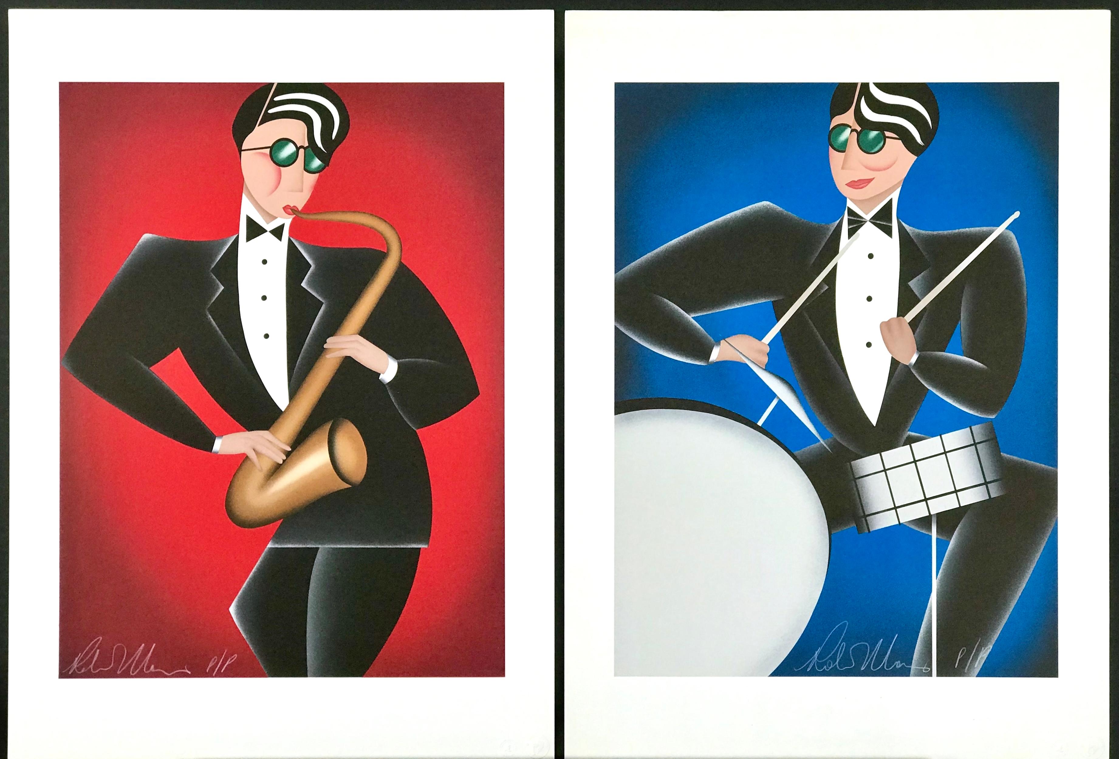 Ensemble de 2 lithographies signées, portraits de jazz, Saxophone, Tambour