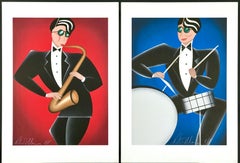 Ensemble de 2 lithographies signées, portraits de jazz, Saxophone, Tambour
