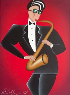 RED HOT Signed Lithograph, Modern Art Deco Portrait, Saxophone Player Jazz Music