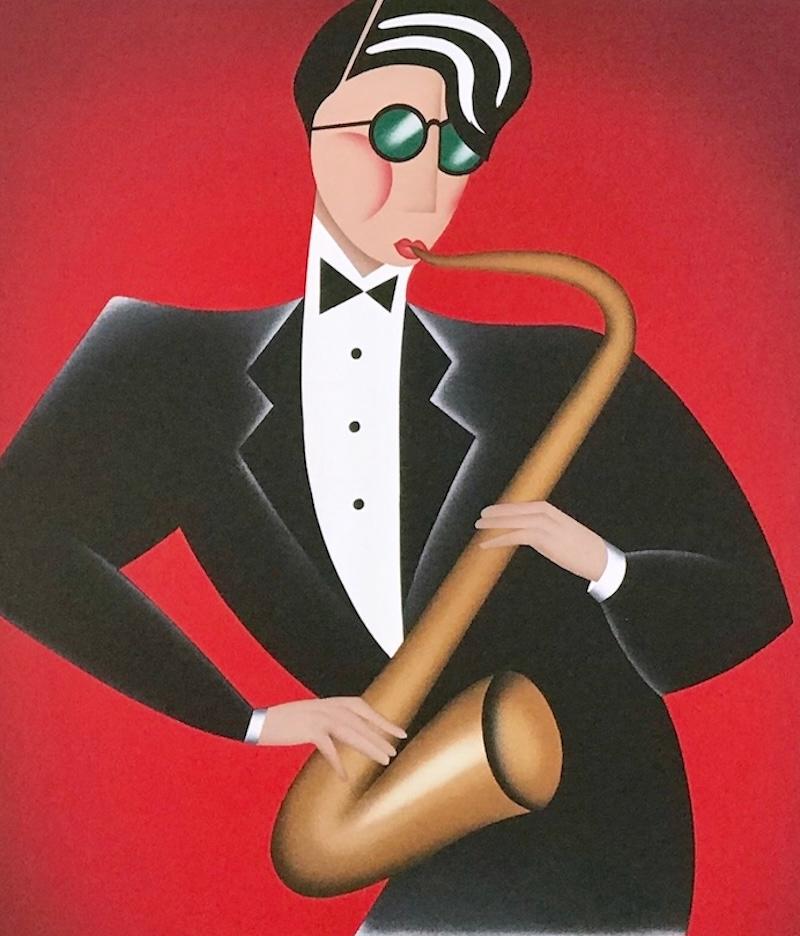 RED HOT Signed Lithograph, Modern Art Deco Portrait, Saxophone Player Jazz Music - Red Figurative Print by Robin Morris