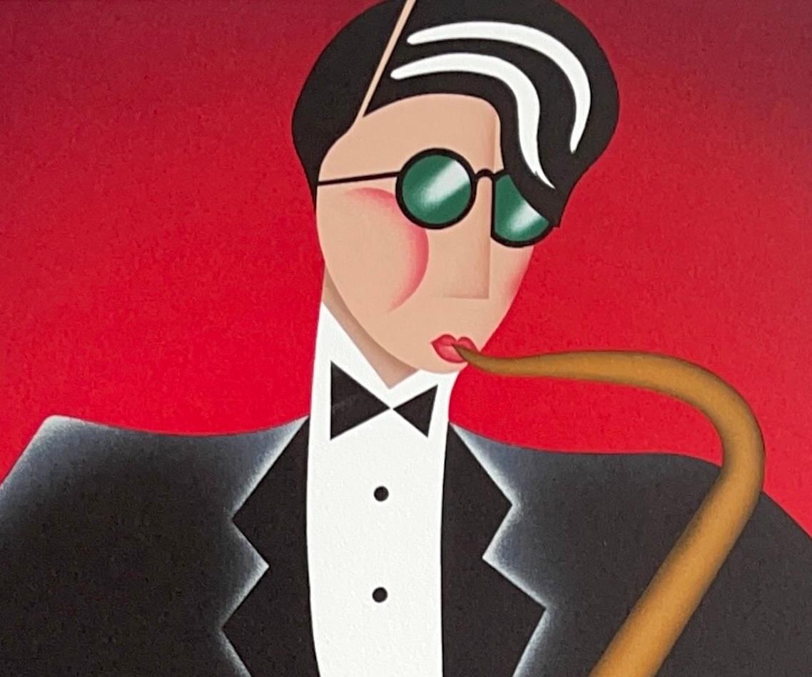 RED HOT is an original handmade limited edition lithograph by the woman artist Robin Morris printed using hand lithography techniques on archival Coventry paper, 100% acid free. Ms. Morris utilizes her characteristic Art Deco style in creating this