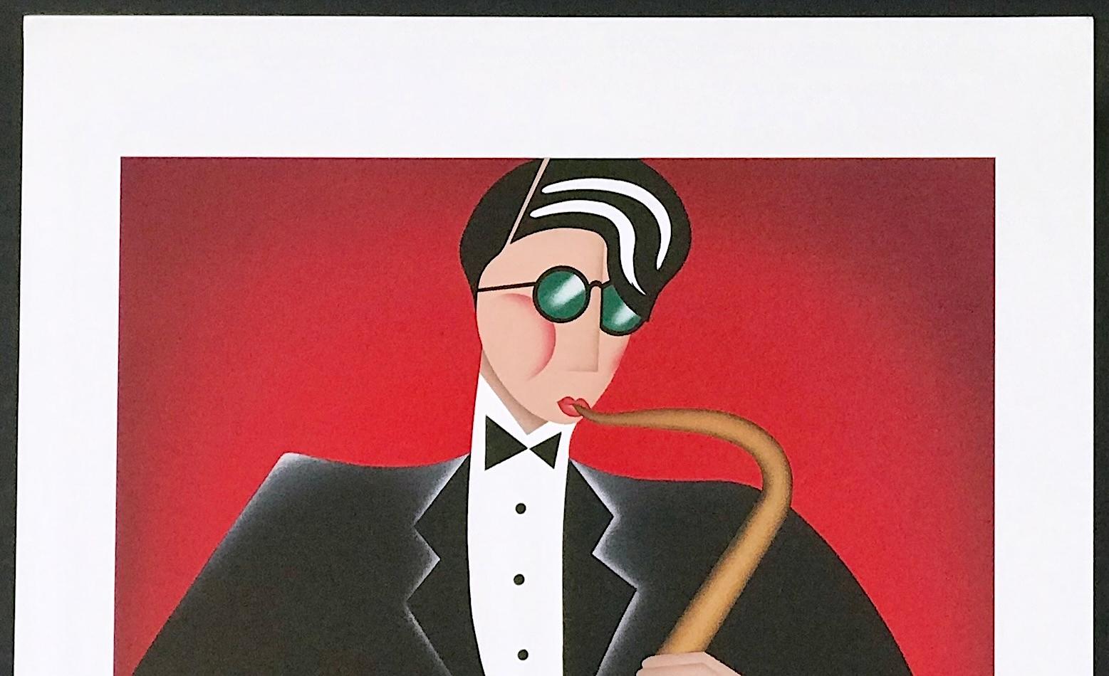 RED HOT Signed Lithograph, Modern Art Deco Portrait, Saxophone Player Jazz Music For Sale 1