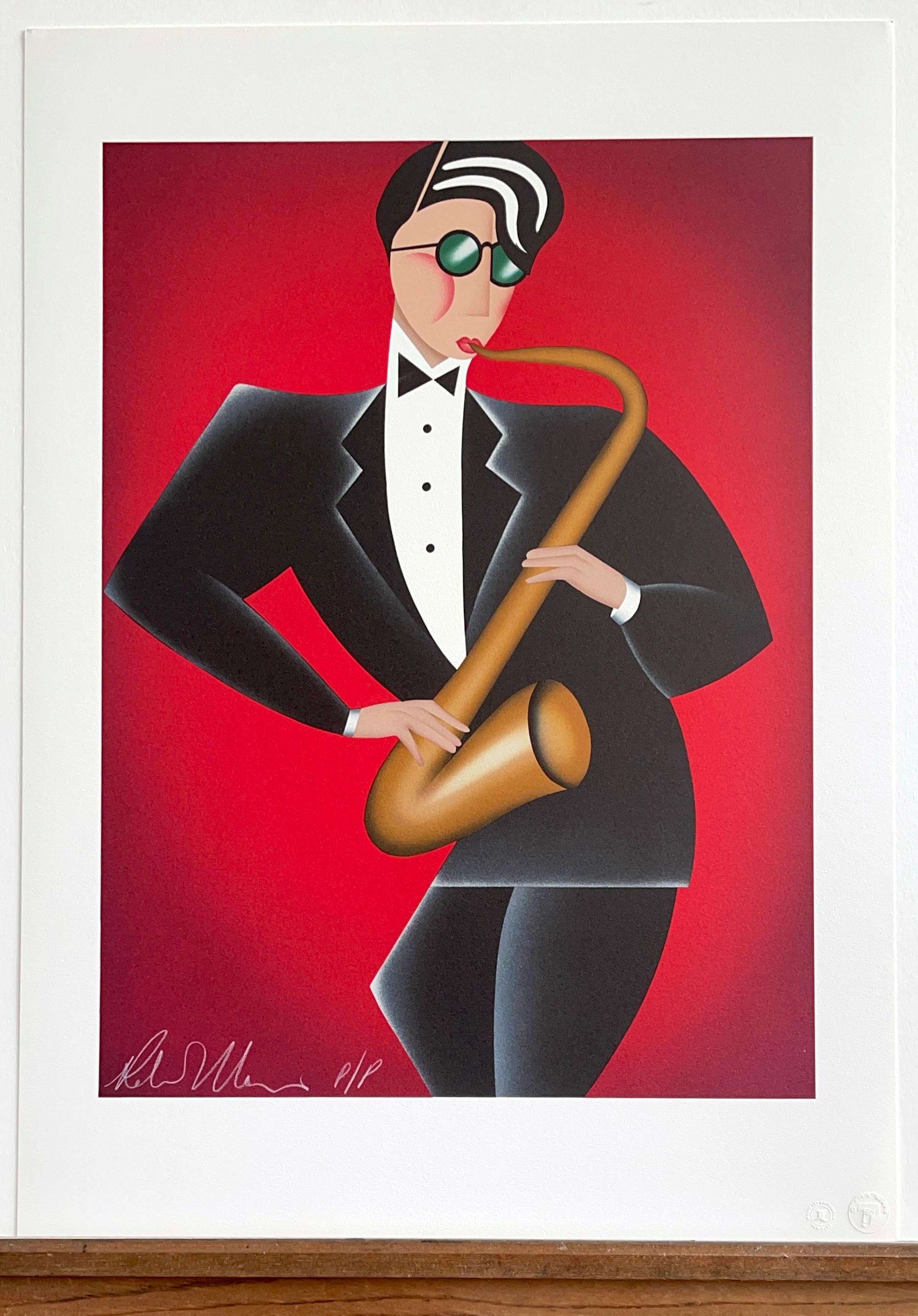 RED HOT Signed Lithograph, Modern Art Deco Portrait, Saxophone Player Jazz Music For Sale 4