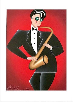 RED HOT Signed Lithograph, Modern Art Deco Portrait, Saxophone Player Jazz Music