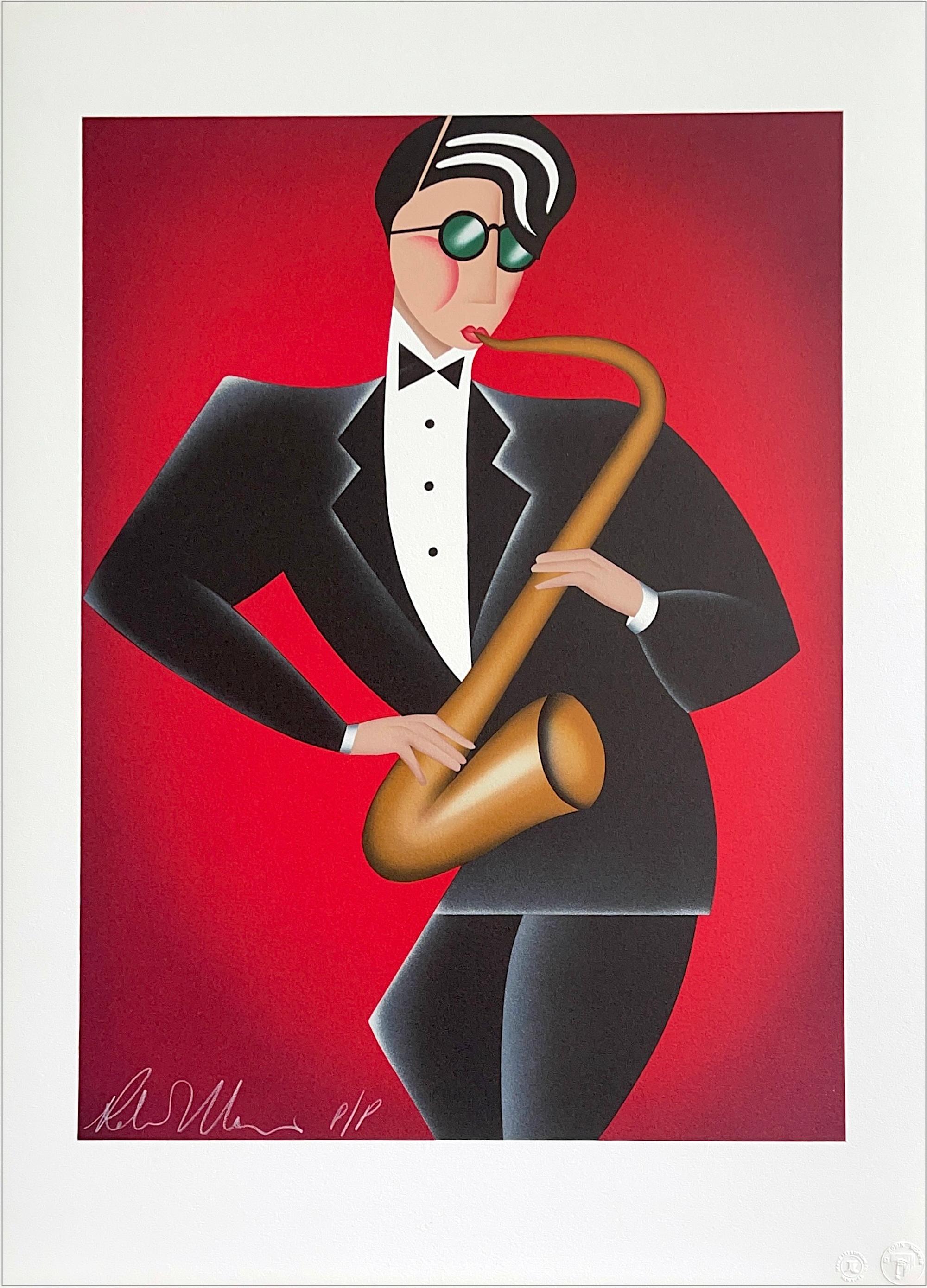 Lithographie signée RED HOT, portrait Art déco moderne, Saxophone Player Jazz Music