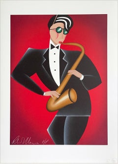 RED HOT Signed Lithograph, Modern Art Deco Portrait, Saxophone Player Jazz Music