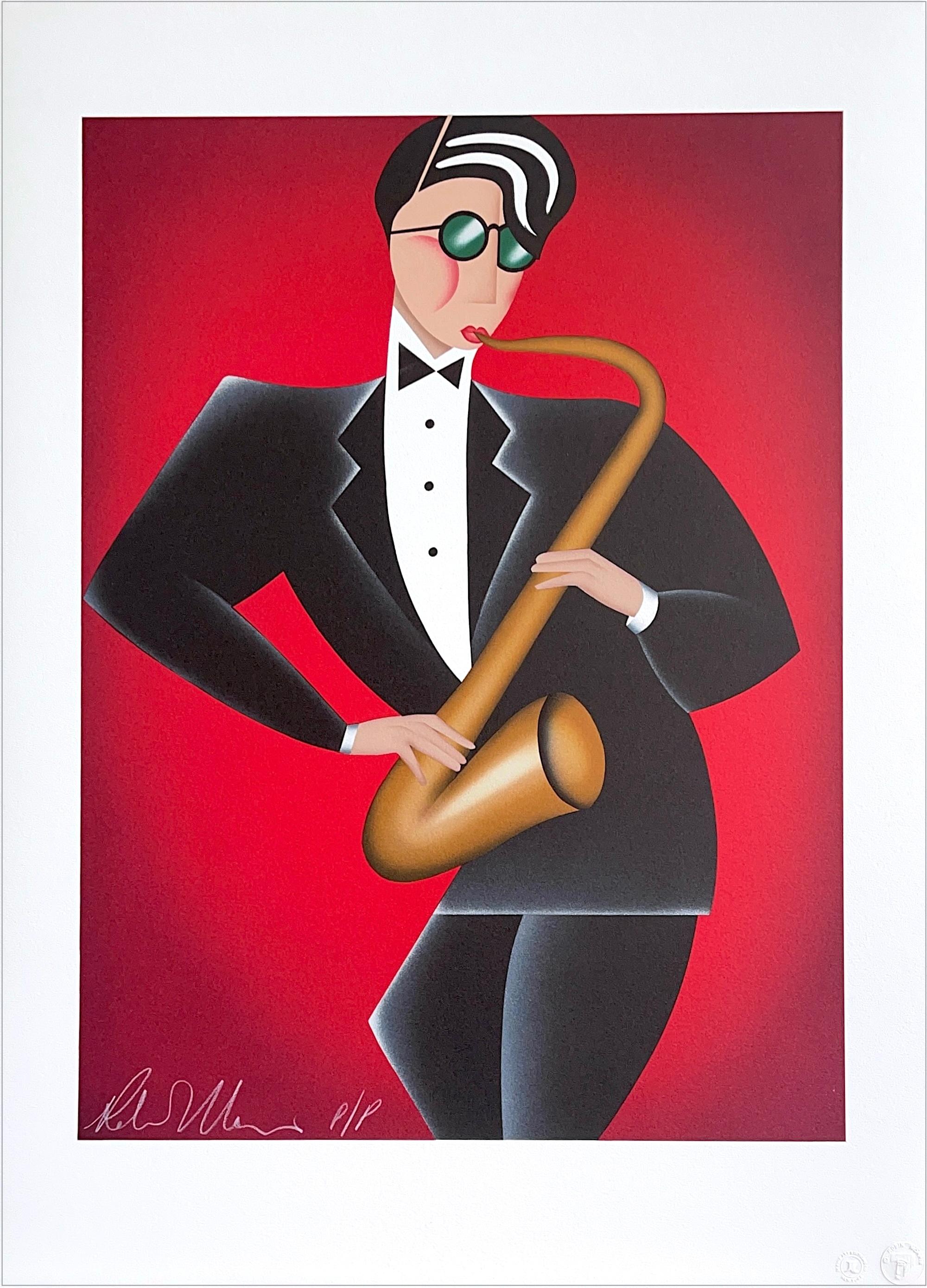 Robin Morris Figurative Print - RED HOT Signed Lithograph, Modern Art Deco Portrait, Saxophone Player Jazz Music