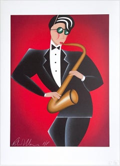 RED HOT Signed Lithograph, Modern Art Deco Portrait, Saxophone Player Jazz Music