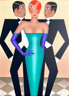 RIVALS Signierte Lithographie, modernes Art-Déco-Porträt, Smoking, grünes Abendkleid