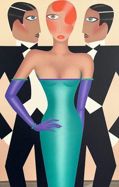 RIVALS Signed Lithograph, Modern Art Deco Portrait, Tuxedo, Green Evening Gown