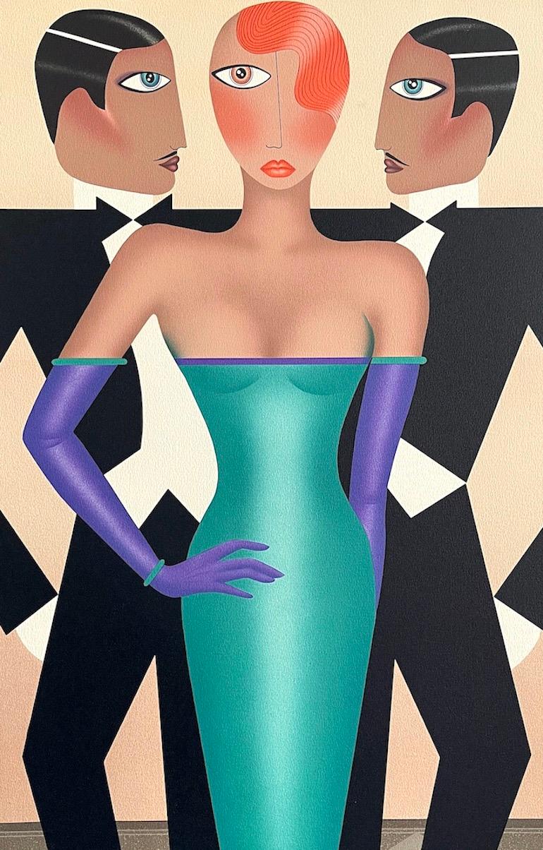 RIVALS Signed Lithograph, Modern Art Deco Portrait, Tuxedo, Green Evening Gown  - Print by Robin Morris