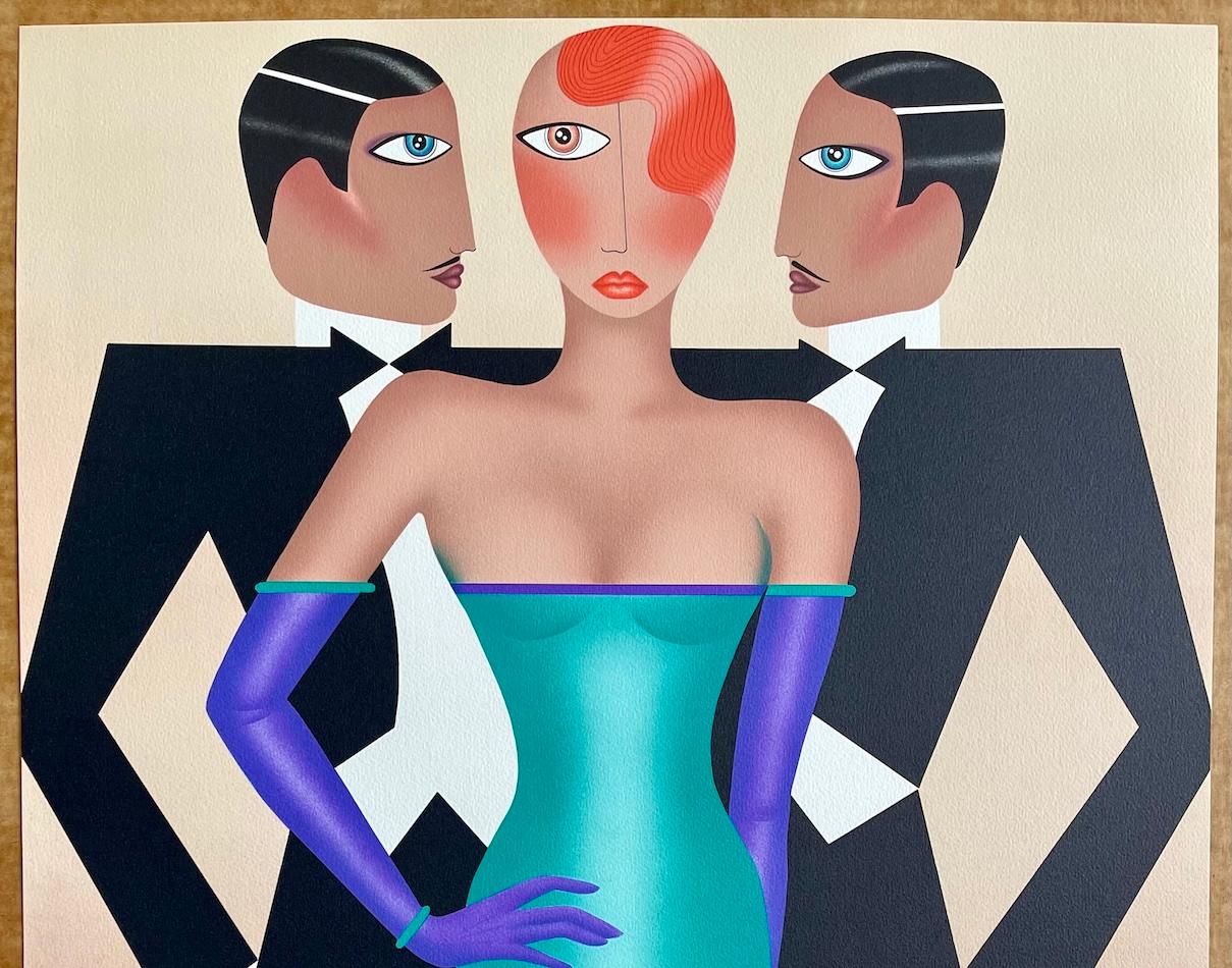 RIVALES Litografía firmada, Retrato Art Decó moderno, Esmoquin, Vestido de noche verde en venta 3
