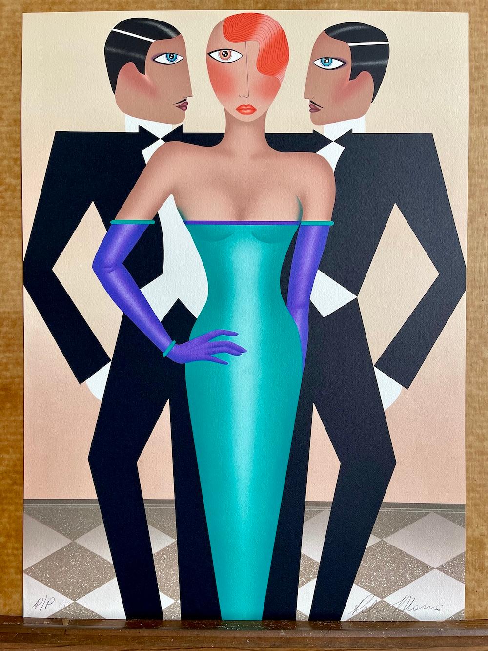RIVALES Litografía firmada, Retrato Art Decó moderno, Esmoquin, Vestido de noche verde en venta 5