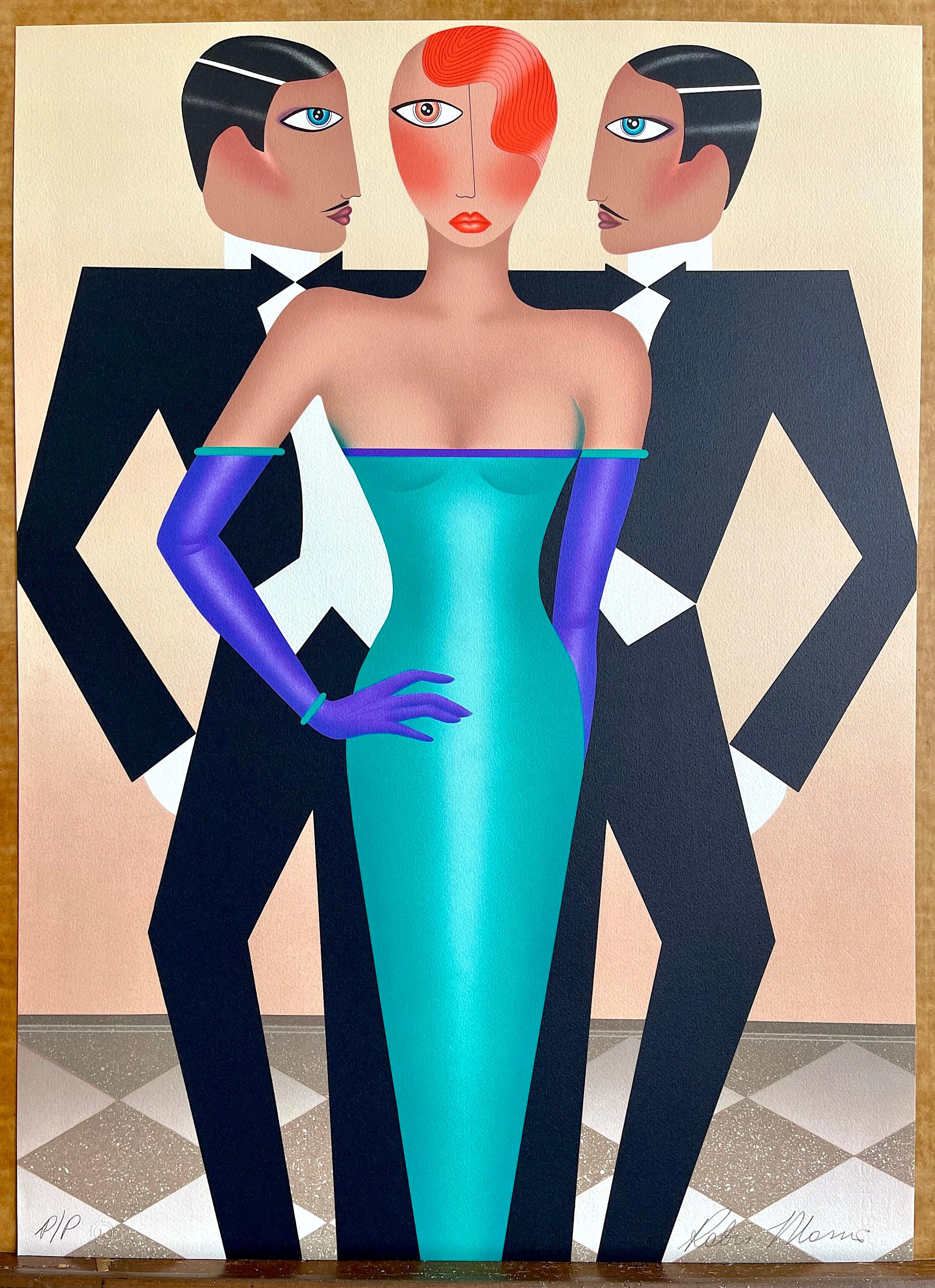 RIVALS Signed Lithograph, Modern Art Deco Portrait, Tuxedo, Green Evening Gown For Sale 2