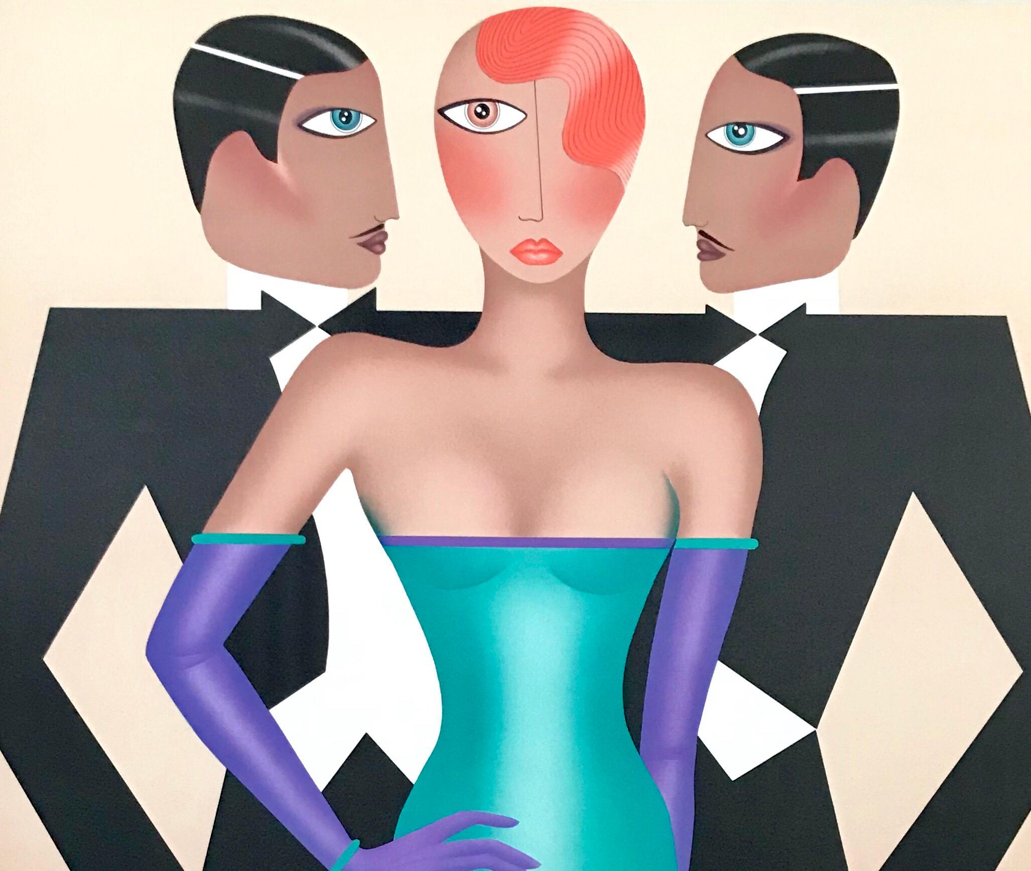 RIVALS Signed Lithograph, Modern Art Deco Portrait, Tuxedo, Green Evening Gown  - Print by Robin Morris