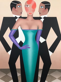 Retro RIVALS Signed Lithograph, Modern Art Deco Portrait, Tuxedo, Green Evening Gown 